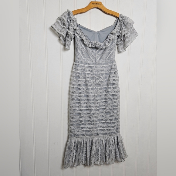 ASOS Lace Dress Off Shoulder Pencil Midi Form Fitting Ruffle Thin Straps Size 4 - Picture 5 of 10
